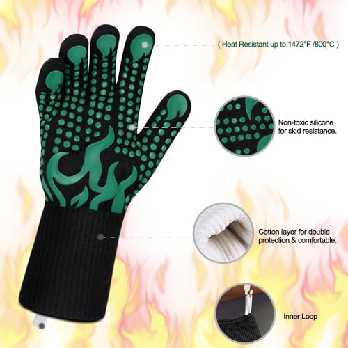 Image of Comsmart BBQ Gloves, 1472F Heat Resistant Grilling Gloves Silicone Non-Slip Oven Gloves Long Kitchen Gloves for Barbecue, Cooking, Baking, Short, Green