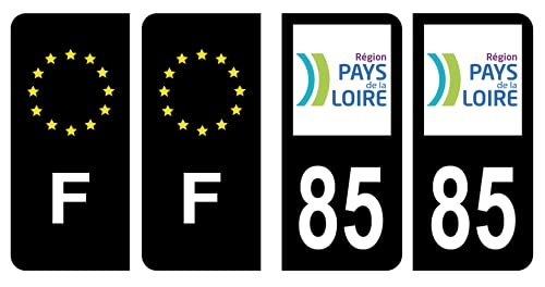 HADEXIA Lot 4 Autocollants Plaque immatriculation département 85 Vendée Région Pays de la Loire Noir Couleur & F France Europe