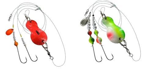 blntackle76 Set 2 Stück Buttlöffel von Jenzi Plattfisch Blinker montiert 60 Gramm Orange Glitzer 80 Gramm grün/weiß/rot und + gratis Petri Heil! Aufkleber