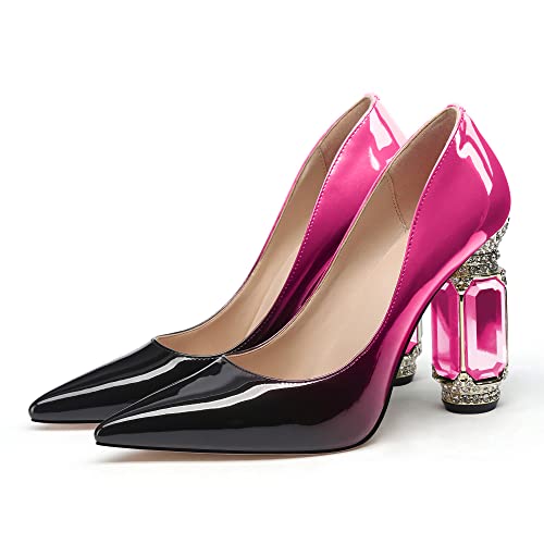Image of JANSEVEN Women Chunky Heels Pumps Crystal Block Heels with Rhinestones Pointed Toe Sexy Gradient Patent Leather Slip on Bridal Party Wedding Dress Shoes 5-13 M US