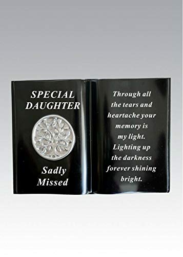 DF Daughter Black Gloss Tree of Life Memorial Book Diamante Grave Plaque Ornament Tribute