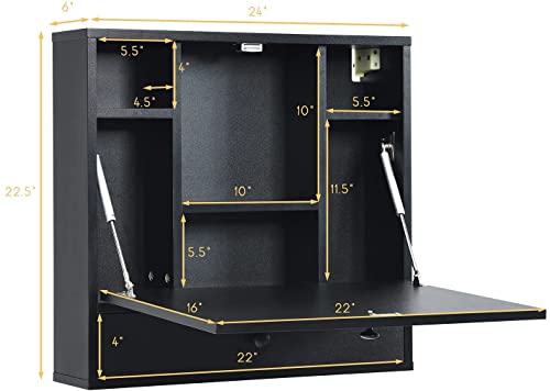 2 In 1 Foldable Tabletop, Folding Wall Mount Laptop Storage Compartments Space Saving Floating Desk, Black #TOP1