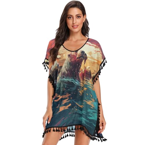 Watercolor Art Polar Bears Women's Beach Cover Up Chiffon Tassel Swimwear Swimsuit Coverups for Girl
