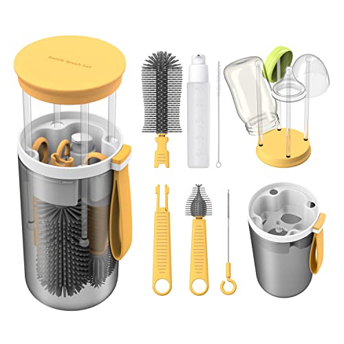Image of Baby Essential Travel Bottle Cleaner Kit with Silicone Bottle Brush,Built-in Snap-on Drying Rack,Silicone Nipple-Shaped Brush,2 Straw Brushes,Bottle Soap Dispenser,Bottle Warmer Bowl.(Yellow)