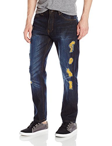 Southpole Men's Slim Straight Ripped and Repaired Denim Pants with Color Weft Stitching