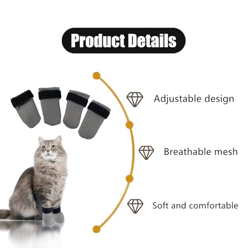Image of 4 PCS Cat Booties Adjustable Cat Claw Covers Breathable Mesh Anti-Scratch Claw Caps for Kitten, Bathing and Nail Trimming(M,Grey)