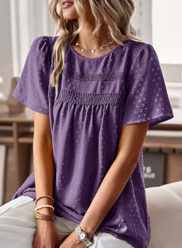 Image of Falechay Womens Summer Tops Crewneck Short Sleeve Shirts Casual Chiffon Blouses Flowy Lace Hem Boho Clothing Trendy 2026