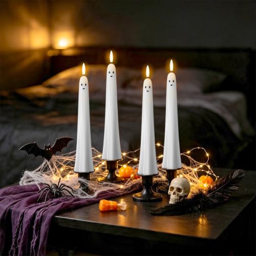 Image of Ghost Flameless LED Taper Candles Battery Operated Remote Timer | Ghost Light Flameless Candlesticks, Long Lasting Real Wax 3D Wick Flickering, Cute Halloween Decor, 0.79 inchD x 9.5 inchH, 4 Pack