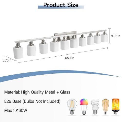 Image of 10-Light Bathroom Vanity Light Brushed Nickel,64.5in Vanity Lights with Square Frosted Glass,Modern Bathroom Wall Lights Fixtures Over Mirror,Wall Sconces Lighting for Bedroom Living Room,E26
