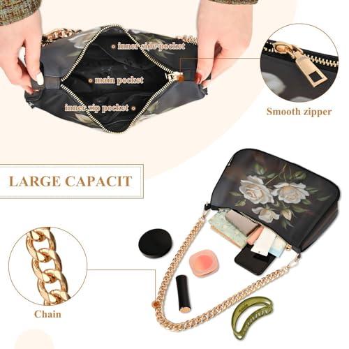 Shoulder Bag for Women White Rose Tote Handbag Crossbody Bag with Zipper Closure4