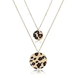CEALXHENY Double Layer Necklaces Horsehair Disc Pendant Necklaces Y Shape Long Necklace for Women Women (A Leopard Fur)
