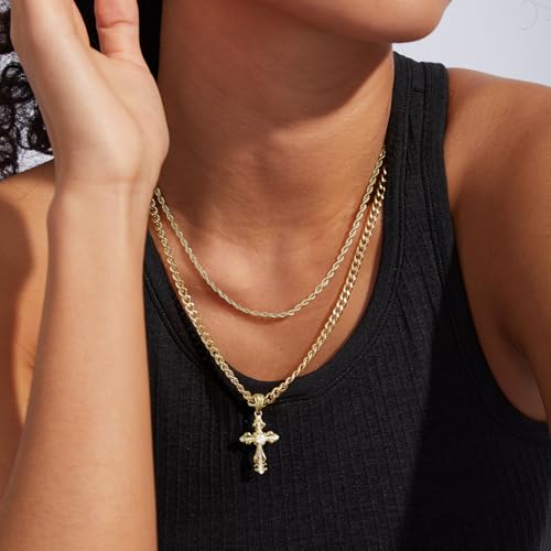 KissYan Layered Cross Necklace for Women, 14K Gold Plated Cubic Zirconia Pendant Necklaces Cross Faith Necklaces, Gold Cross Choker Trendy Jewelry Gifts for Women4