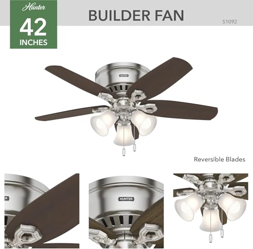 Hunter 42 inch Indoor Ceiling Fan with LED Lights - Ceiling Fan with Pull Chain, For Bedroom, Living Room, or Kitchen, Low Profile Mount, No Remote, 5 Blades - Builder 51092, Brushed Nickel thumbnail 7