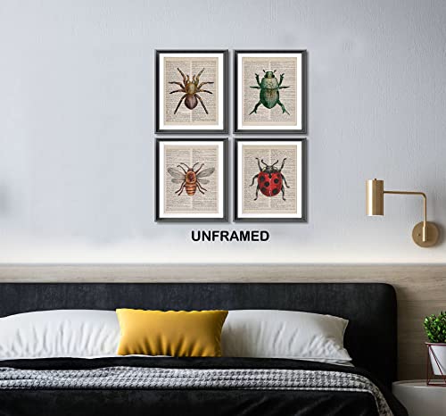 Aehie Vintage Honey Bee Spider Ladybug Beetle Dictionary Art Poster Prints For Home Kitchen Nursery Classroom Decor,Garden Forest Nature Insects Decorations Prints Wall Art Unframed 4Pcs 8X10Inches #TOP3