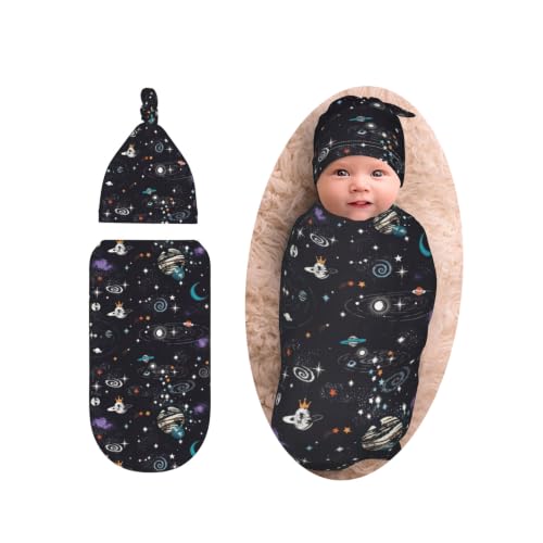 Image of Space Galaxy Swaddle with Beanie Set, Soft and Stretchy Constellation Swaddlling Blanket for Boy and Girl Gift