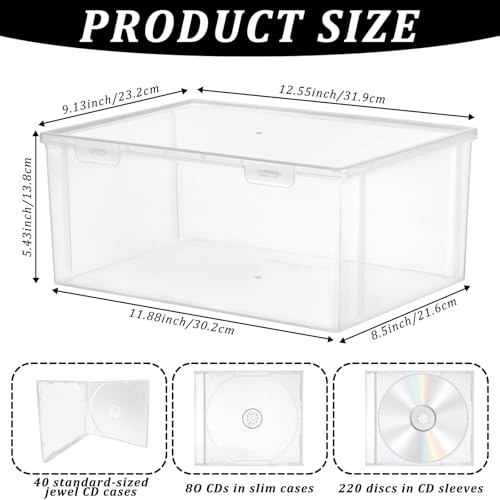 Stackable Clear Plastic CD Organizer,11.9"x 8.5"CD Storage Box, Clear CD Holder Case with Lids Store 40+ CDs, Storage Container Shelf Organizer Bin for DVDs,Video Games, Blu-ray, Books, Home, Office
