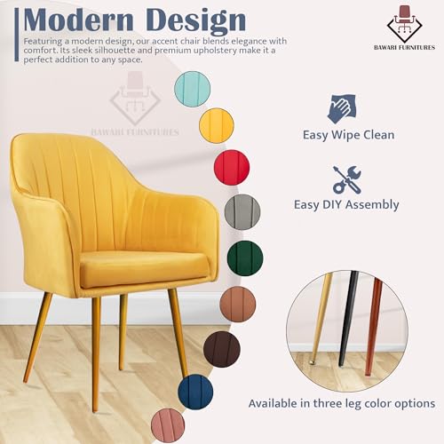 Image of Accent Chair for Living Room| Soft Velvet Fabric Armchair with Multi Colour Leg Options | Modern Chair with Thick Cushion for Home Office restaurent and cafes| 1pc (Golden Legs, Yellow)