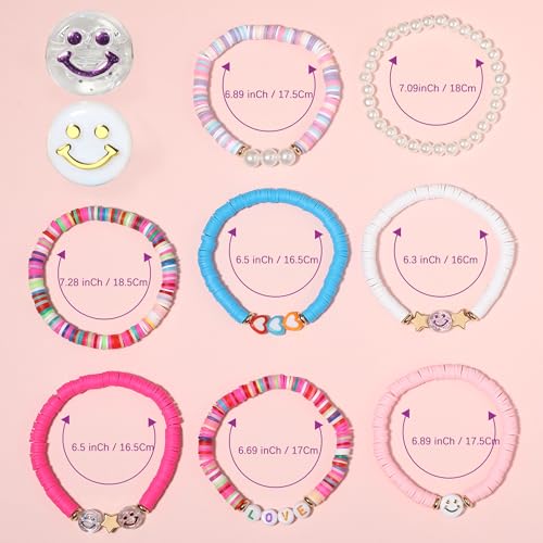 Image of Preppy Bracelets Set Colorful White Gold Smile Heart Star Polymer Beaded Pearl Clay Stackable Charm Y2K Kidcore Aesthetic Summer Beach Bohemian Stretch Layering Bracelets Jewelry for Girls Women Teens