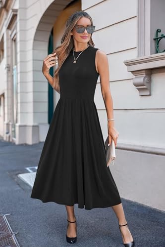Image of Newshows Women 2025 Work Dress Sleeveless Crew Neck Office Business Casual Outfits Midi Elegant Dresses with Pockets