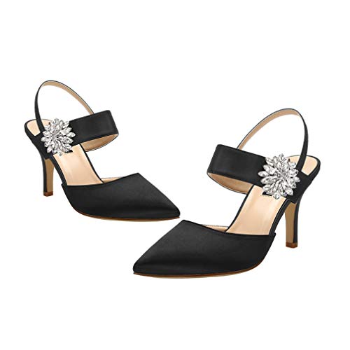 Image of ERIJUNOR Mid Heel Shoes for Women Pointed Toe Slingback Rhinestone Brooch Satin Dress Pumps Evening Prom Wedding Shoes