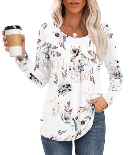 MOLERANI Langarmshirt Damen Elegant Oberteile Rundhals Locker T-Shirt mit Plissee Casual Basic Shirt Bluse Floral Weiß XL