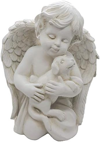 Angel with Dog Statue Pet Dog Memorial Statue Indoor Outdoor Home Garden Guardian Rememberance Dog Puppy Figurine, 7-in