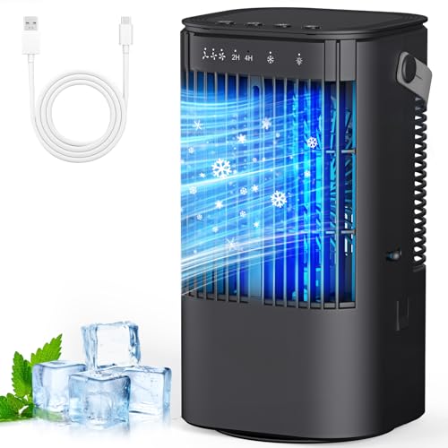 Portable Air Conditioners, 4-in-1 Mini Small Air Conditioner Evaporative Air Cooler Fan with 1000ml Water Tank, 3 Speeds & 7 LED Lights, Personal Mini AC with Timer for Bedroom, Desktop, Home, Office