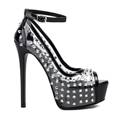 UP2STEP Studded Clear Peep Toe Stiletto Heels - Transparent Ankle Strap High Heel Sandals for Women Black2