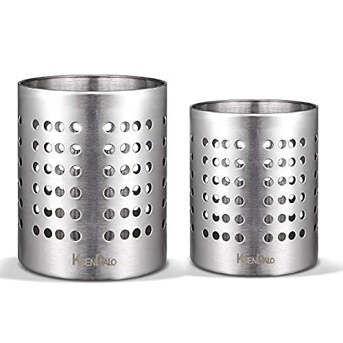 KSENDALO Round SUS304 Stainless Steel Utensil Holder Set of 2 - Silver Caddy & Organizer for Drying Cooking Spoons, Spatulas, and Silverware - Essential Kitchen Container for Countertop