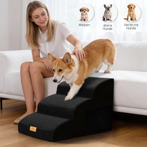 Thihome Hundetreppe für Kleine Hunde, Haustiertreppe 3 Stufen, Hochdichtem Schwamm Hundetreppen 40cm Hoch, Hunde Treppe mit Waschbarem Bezug, Rutschfestem Hunderampe für Bett & Sofa, Schwarz