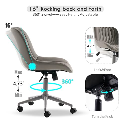 Image of YOUNIKE Faux Leather Office Desk Chair Comfy Vanity Chair Armless Grey | Ergonomic Upholstered Rocking Back, Swivel with Wheels, Height Adjustable, Modern Task Chair For Computer Sewing Drafting