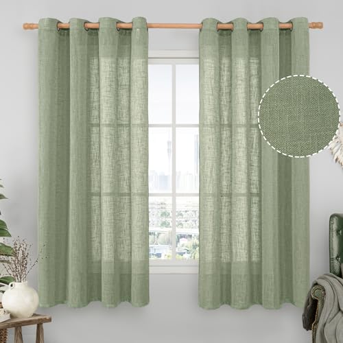 Image of LAMIT Sheer Linen Curtains 63 inches Long for Bedroom, Bronze Grommet Linen Drapes Light Filtering Semi Sheer Curtains for Small Window /Farmhouse, 2 Panels (52 x 63 Inch, Sage Green)