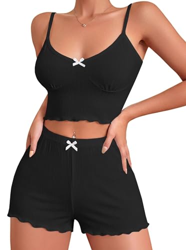 Image of Hilinker Women's 2 Piece Sexy Pajama Set Ribbed Cami Top and Shorts Sleepwear Cute Pjs Solid Black Medium