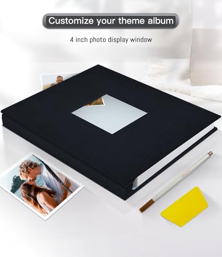 Popotop Photo Album Self Adhesive with Picture Display Window,40 Pages DIY Scrapbooking Supplies Kit for 4x6 8x10 Picture,Linen Cover Memory Book for Baby Wedding, with Scraper and Metallic Pen
