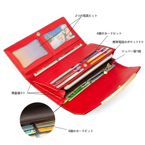 Wallet Women's Genuine Leather Long Three Fold Wallet Bright Leather Large Capacity Buckle, Circled Embossed Pattern, RFID and Magnetic Anti Theft (Red)2