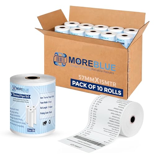 Image of MOREBLUE Credit Card, Food Bills Direct Thermal Receipt Paper Roll, Pack of 10 57mm(2 inch) x 15 Meter, Ink Free Print for POS, Credit Card Machines, & Petrol Pumps