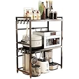 loyalKBS Ausziehbares Metallregal für Mikrowelle, Küchenzubehör, Geschirr, Aufbewahrung, Carbon-Edelstahl, Theke, Reiskocher, Ständer, enthält 3 Etagen mit 8 Haken, Schwarz