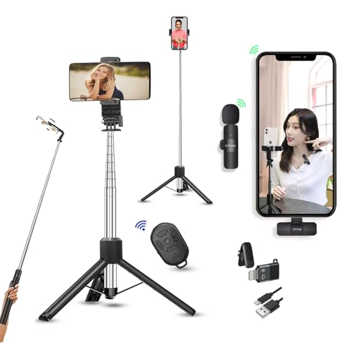Image of TriPro X5 Vlogging Kit with K8 Wireless Mic | Extra-Long 170cm Selfie Stick with Large Reinforced Tripod & Bluetooth Remote for YouTube, Reels & Vlogs (Android /iPhone)