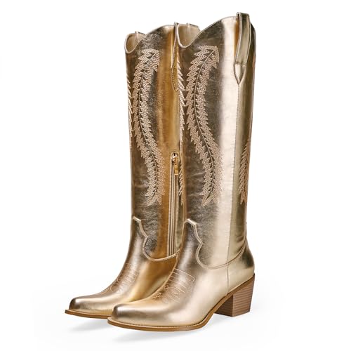 RKQ Women's Gold Metallic Knee High Cowboy Boots Sparkle Embroidered