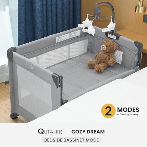 Image of QUTANIX 2-in-1 Baby Playard, Pack and Play Bassinet, Easy Folding Portable Crib with Music Mobile for Newborn to Toddlers (Grey)