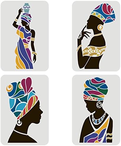 FINGERINSPIRE 6PCS African Tribal Women Stencils 29.7x21cm Plastic Tropical Plant Craft Stencil Large African Girl Stencil Templates with Ring Earrings Bracelet Crown for Art Home Decoration