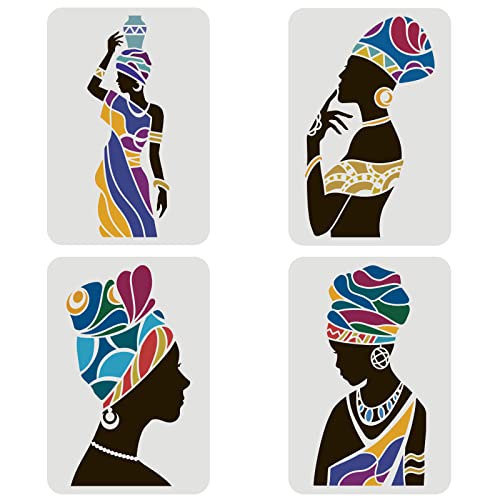 FINGERINSPIRE 4PCS Plantilla Tribal Mujer 29.7x21cm Plantillas Tribales de Pared para Pintar Plantillas Reutilizables de Arte y Artesanía DIY Plantilla Tribal Africana para Pintar en Pared y Tela