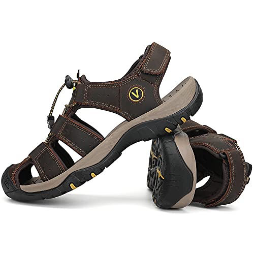Flarut Men's Sport Sandals Outdoor Hiking Sandals Closed Toe Leather Athletic Lightweight Trail Walking Casual Sandals Water Shoes (A-Darkbrown,40) #TOP6