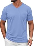 Runcati Mens Cotton V Neck T-Shirts Short Sleeve Casual Basic Summer Beach Pocket Tee Tops Light Blue