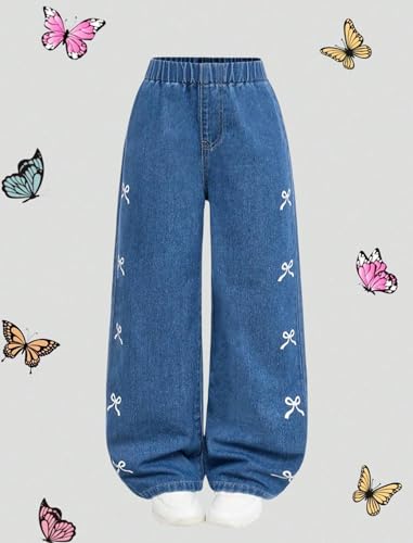 Girls Jeans with White Bow Wide Leg High Waisted Elastic Denim Pants Cute Casual Preppy School Outfit 8-12Y3