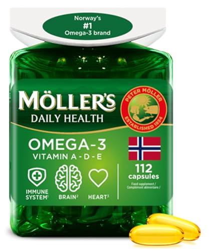 Moller’s ® | Cápsulas de omega 3 | Aceite de pescado | Suplemento dietético nórdico con omega 3 y EPA, DHA, vitaminas A, D y E | Marca con 166 años de historia | Daily Health | 112 cápsulas