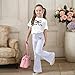 Girls 2 Piece Outfits Long Sleeve Crew Neck Bow T-Shirt Top And Flare Pants Sets Casual Fashion Pullover Athletic Gym Set White,13-14 Years
