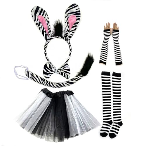 Yxtwaeh 6 Packs Zebra Costume Set Animal Zebra Ear Headband Bow Tie Tail Tutu Skirt Fingerless Gloves Strip Stockings for Halloween Christmas Party Cosplay