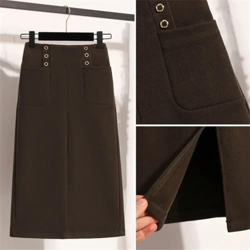 Women's Solid Color Button-Down High Waist Medium Length Straight Slim Fit Plus Size Woolen Skirt4