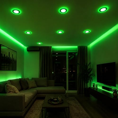 Image of OLIPS 6W (3+3) LED Ceiling Panel Down Light | Dual Color Change by On /Off Switch | Fan Box POP Decorative LED | White Center & Color Ring Design (Green, 1)